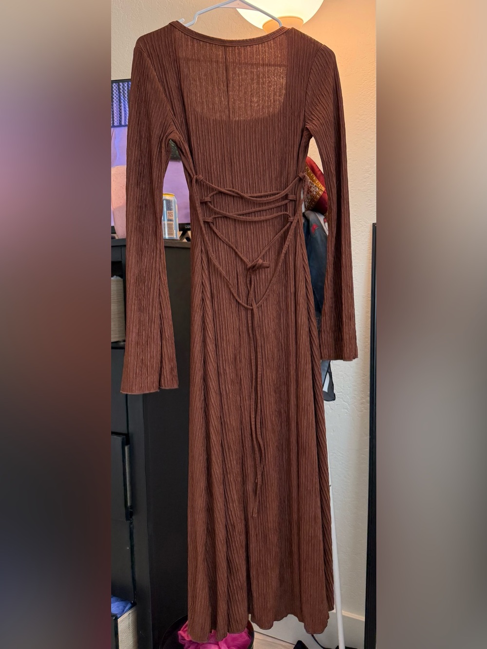 Brown Long Sleeve Ribbed Maxi Dress with Tie Details